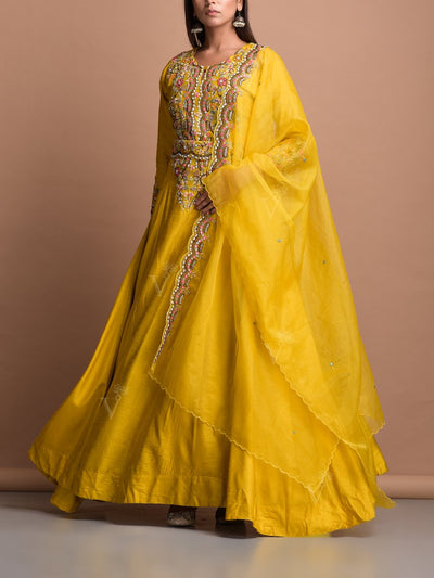 Yellow Modal Silk Gown Set