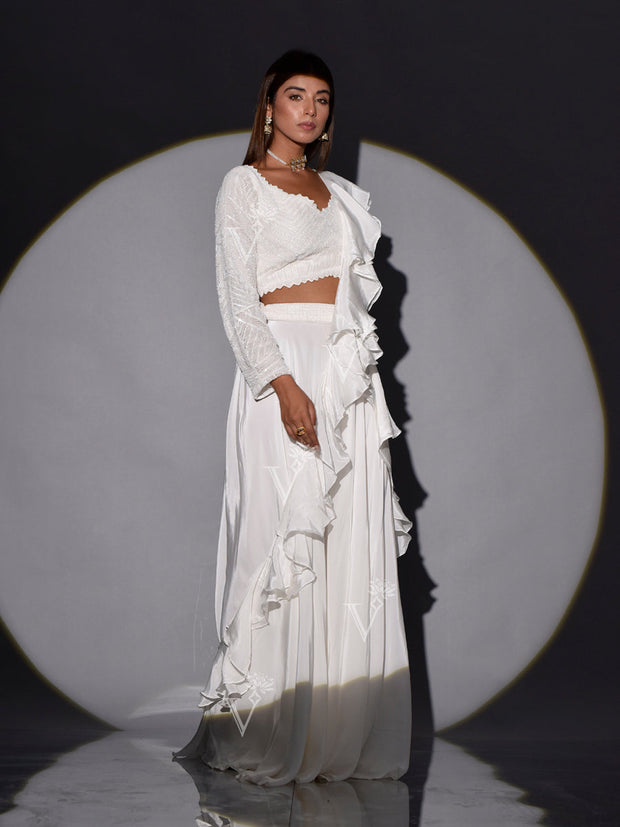 White Crop top and Drape Skirt Set