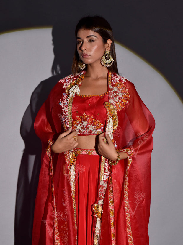 Red Organza Embroidered Crop Top with Jacket and Skirt set