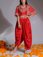 Red Embroidered Organza Top with Jacket and Dhoti set