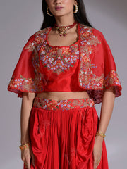 Red Embroidered Organza Top with Jacket and Dhoti set