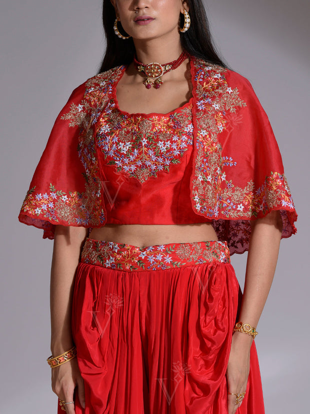 Red Embroidered Organza Top with Jacket and Dhoti set