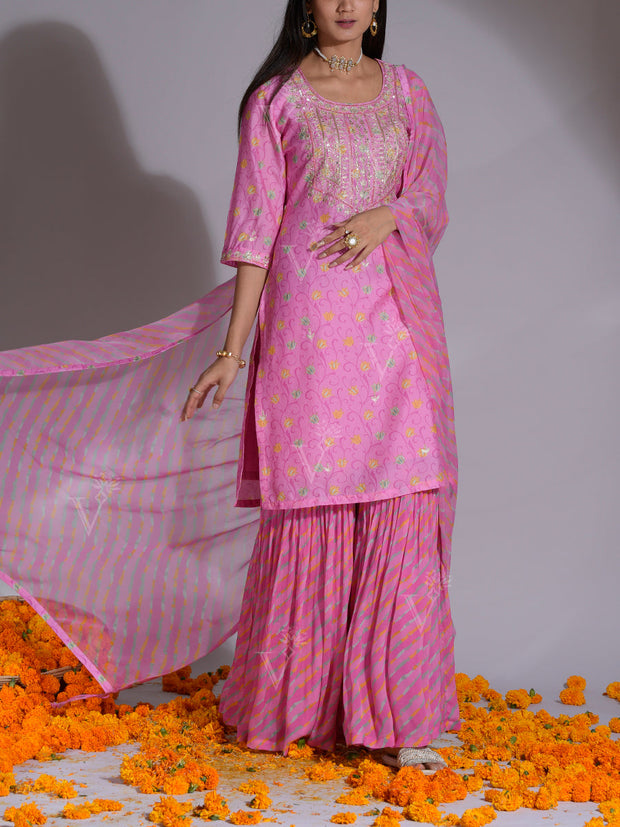 Fusica Pink Vasansi Silk Kurta and Sharara Suit Set