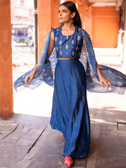 Cobalt Blue Crop Set With Bandhani Cape