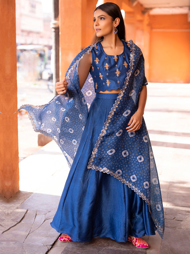 Cobalt Blue Crop Set With Bandhani Cape