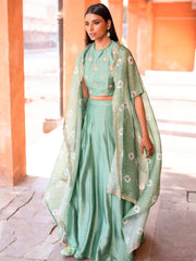 Mint Green Crop Set With Bandhani Cape