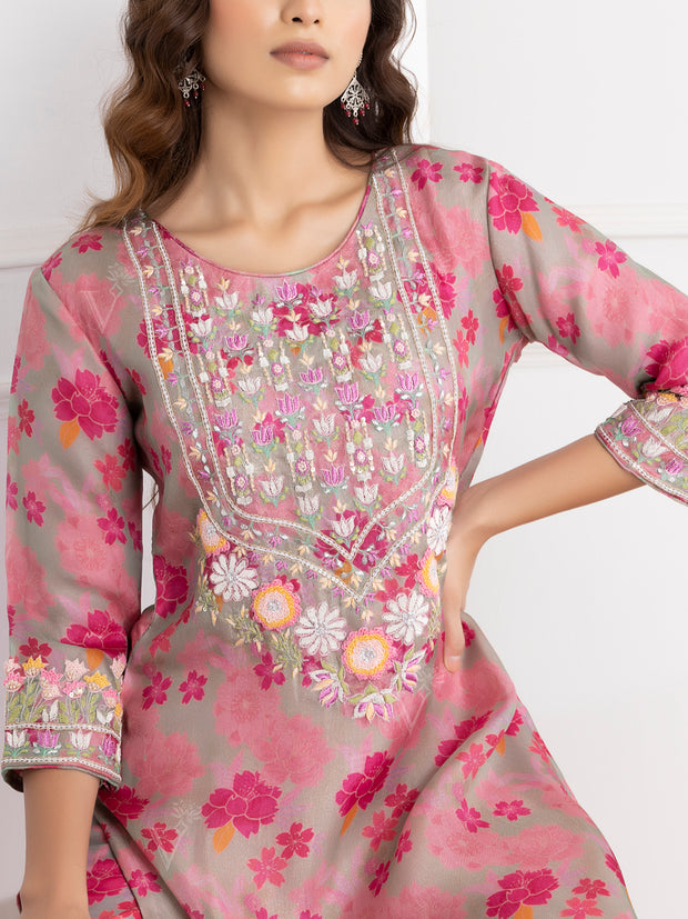 Pink Floral Printed Kurta and Sharara Set -VJ06072109