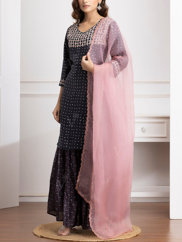 Dark Grey Embroidered Kurta and Sharara Set -VJ06072110