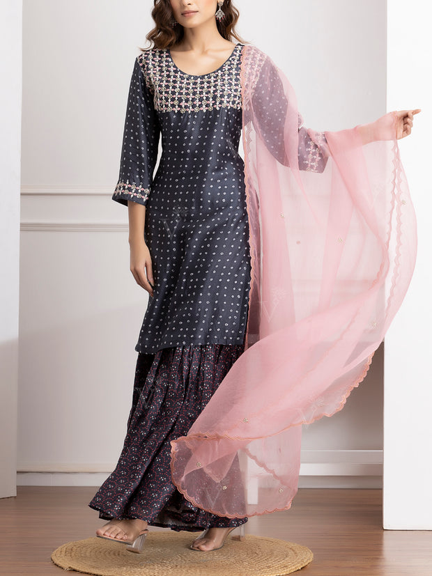 Dark Grey Embroidered Kurta and Sharara Set -VJ06072110