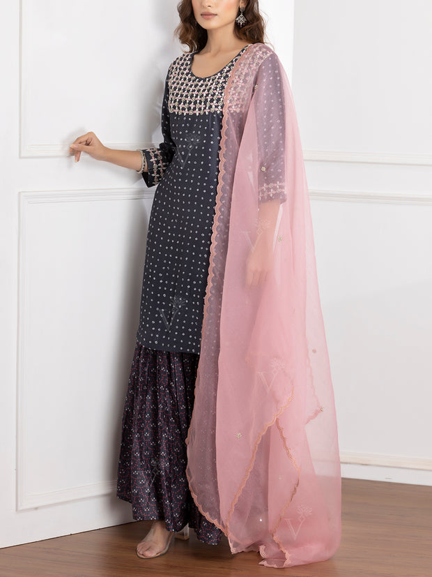 Dark Grey Embroidered Kurta and Sharara Set -VJ06072110