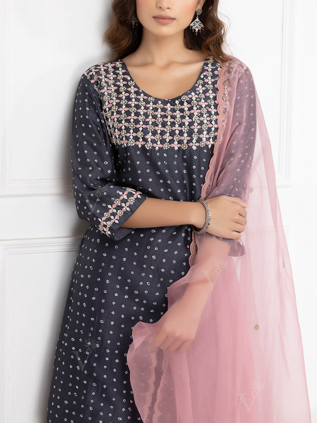 Dark Grey Embroidered Kurta and Sharara Set -VJ06072110