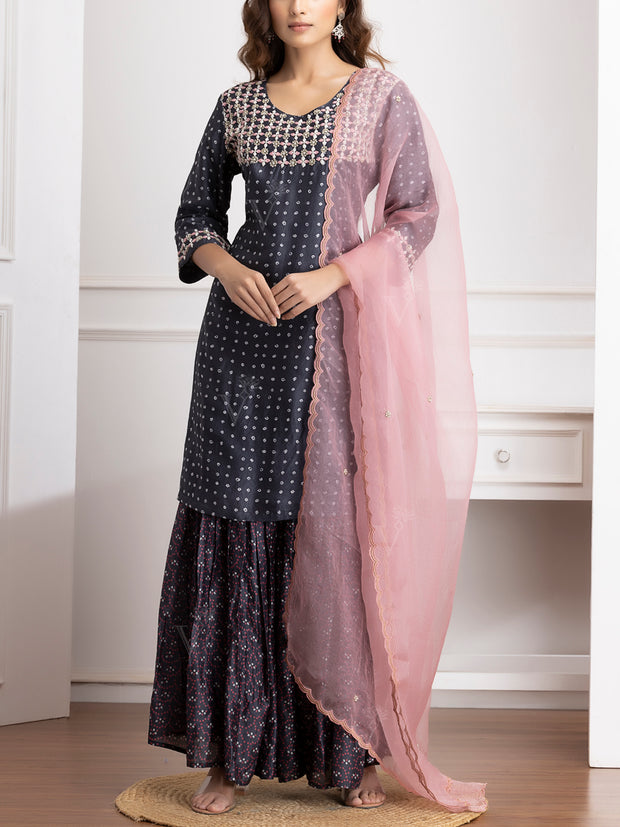 Dark Grey Embroidered Kurta and Sharara Set -VJ06072110