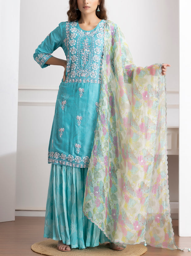 Blue Embroidered Kurta and Palazzo Set -VJ06072112