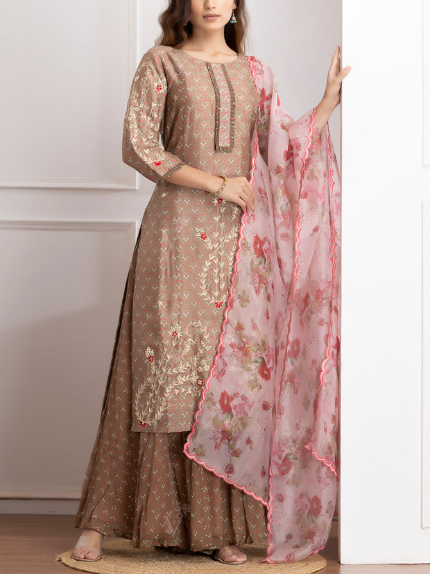 Brown Embroidered Kurta and Palazzo Set-VJ06072114