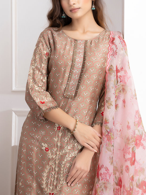 Brown Embroidered Kurta and Palazzo Set-VJ06072114