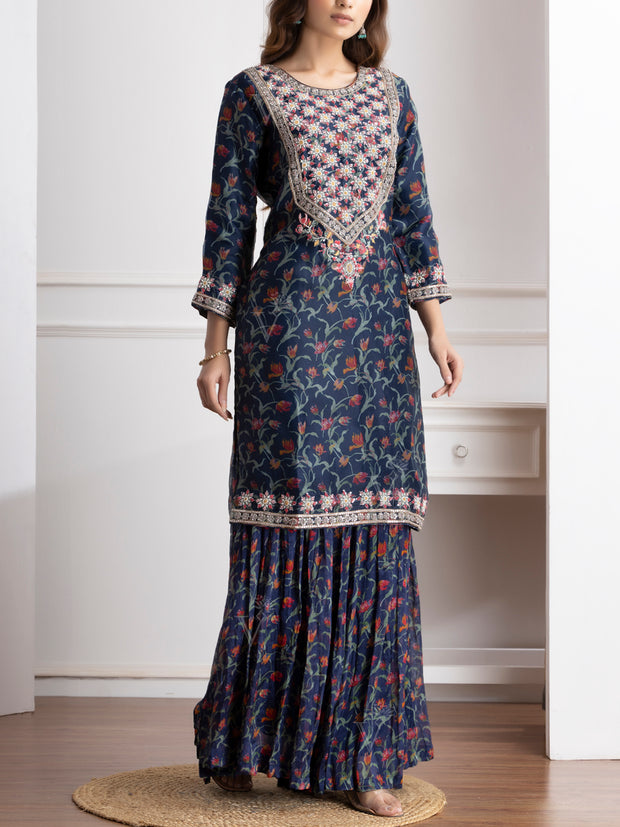 Blue Embroidered Kurta and Sharara Set -VJ06072115