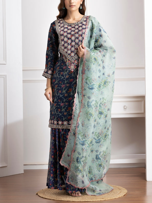 Blue Embroidered Kurta and Sharara Set -VJ06072115