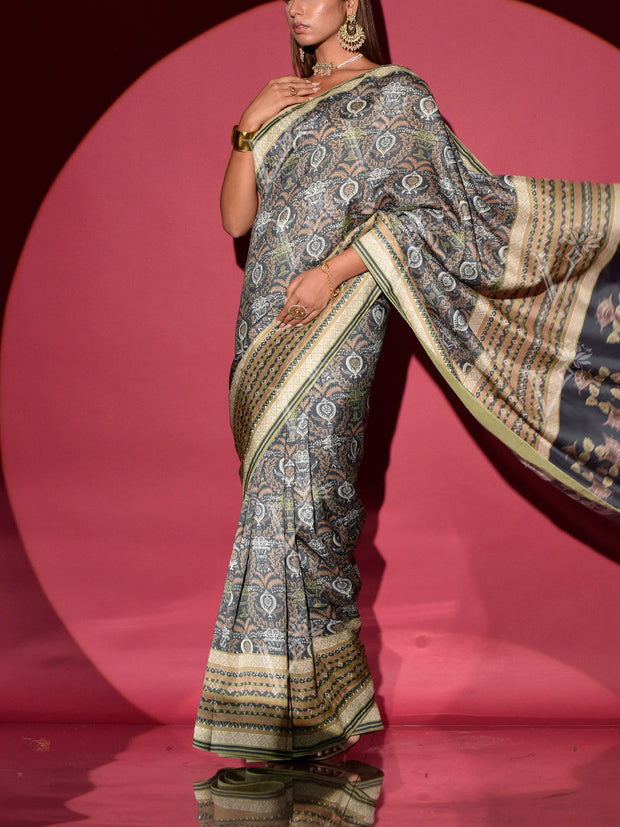 Grey Vasansi Silk Printed Saree