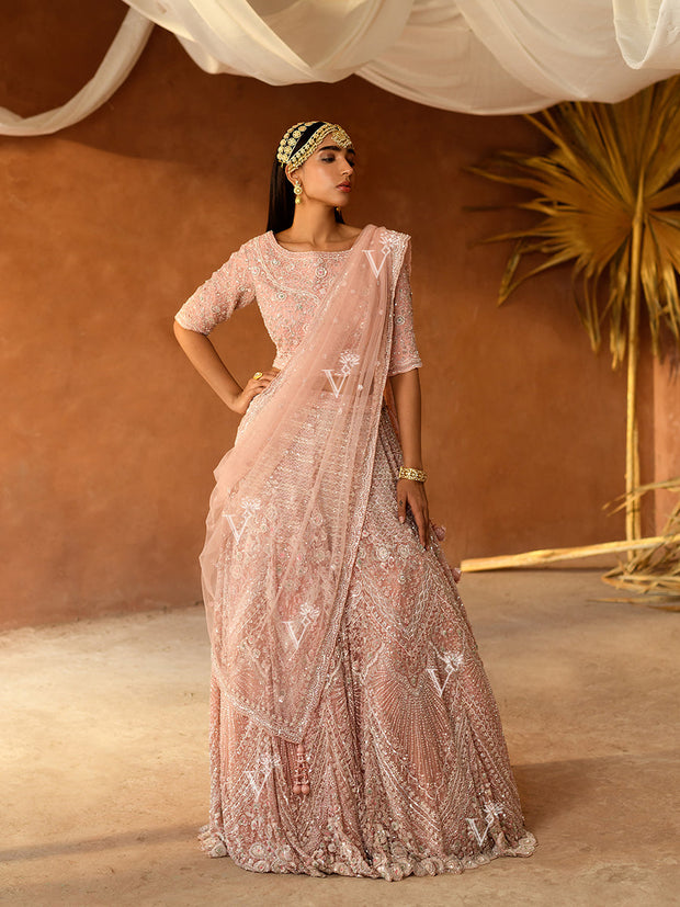 Peach Net Lehenga Set