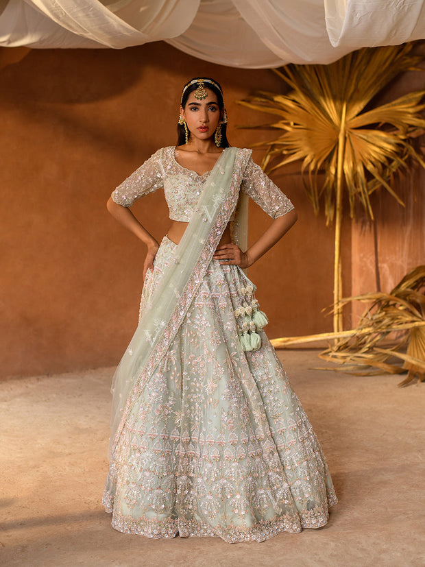 Tea Green Organza Lehenga Set