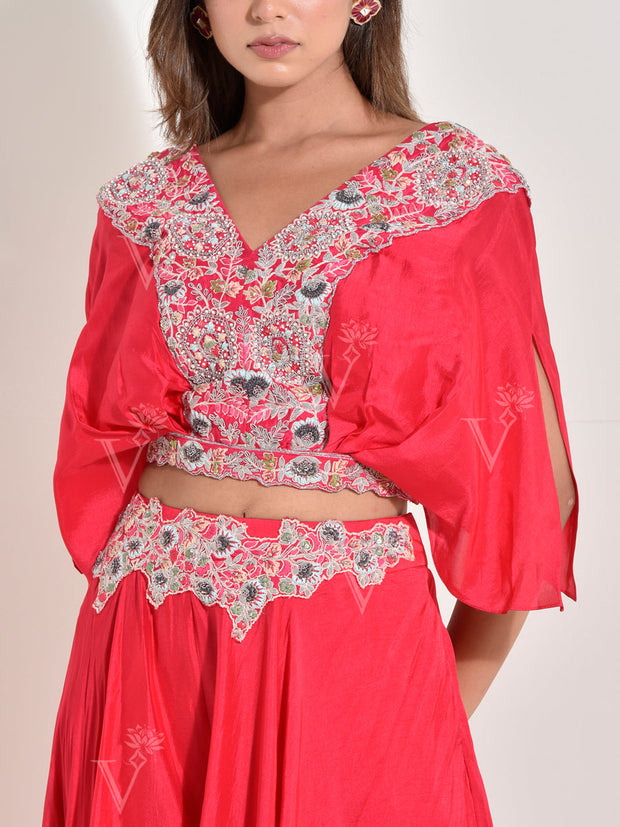 Pink Silk Embroidered Crop top and Skirt Set