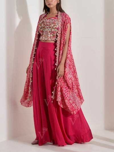 Pink Embroidered Top with Jacket and Palazzo Set