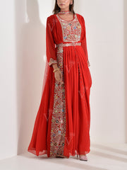 Red Georgette Embroidered Drape Gown