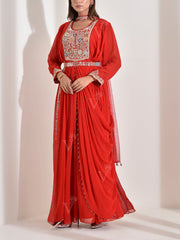 Red Georgette Embroidered Drape Gown