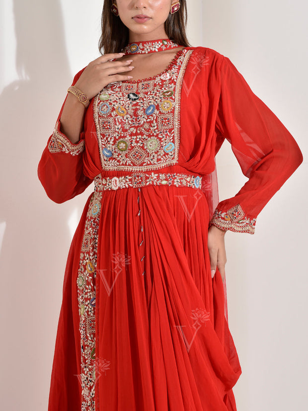 Red Georgette Embroidered Drape Gown