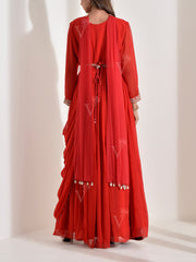 Red Georgette Embroidered Drape Gown