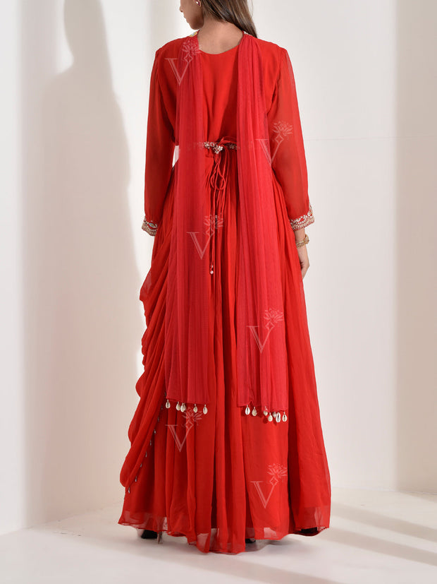 Red Georgette Embroidered Drape Gown