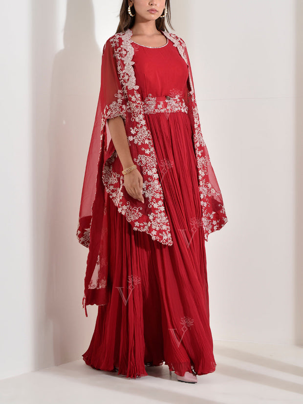 Red Georgette Gown with Embroidered Jacket