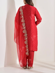 Red Silk Bhandej Emrbroidered Suit Set