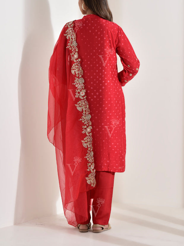 Red Silk Bhandej Emrbroidered Suit Set