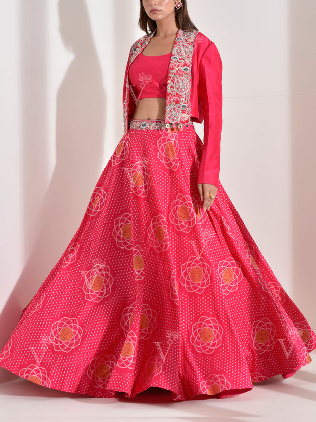 Pink Silk Top with Embroidered Jacket and Skirt set