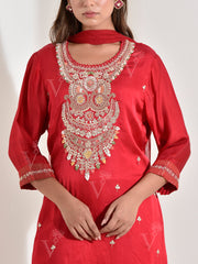 Red Satin Embroidered Suit Set