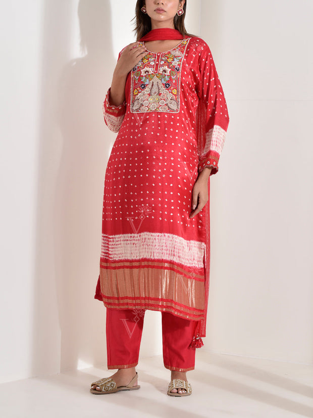 Red Embroidered Satin Bandhani Suit Set