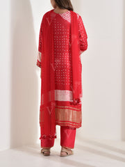 Red Embroidered Satin Bandhani Suit Set