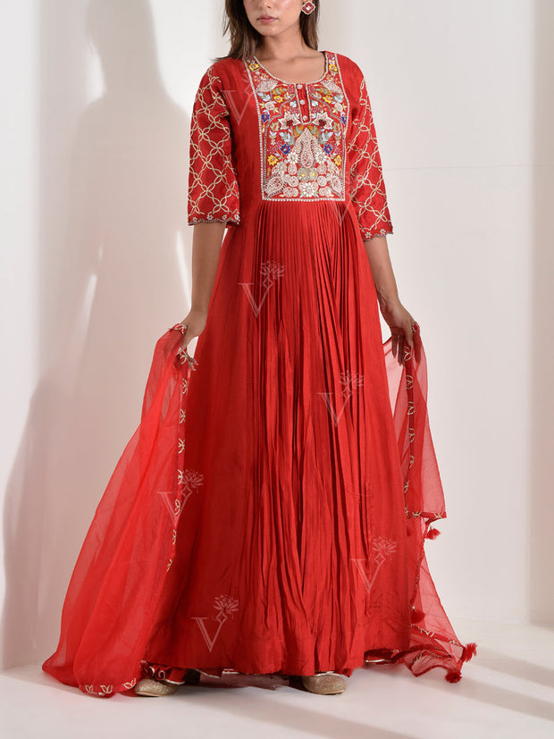 Red Dola Silk Embroidered Gown