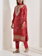 Red Embroidered Satin Bandhani Suit Set