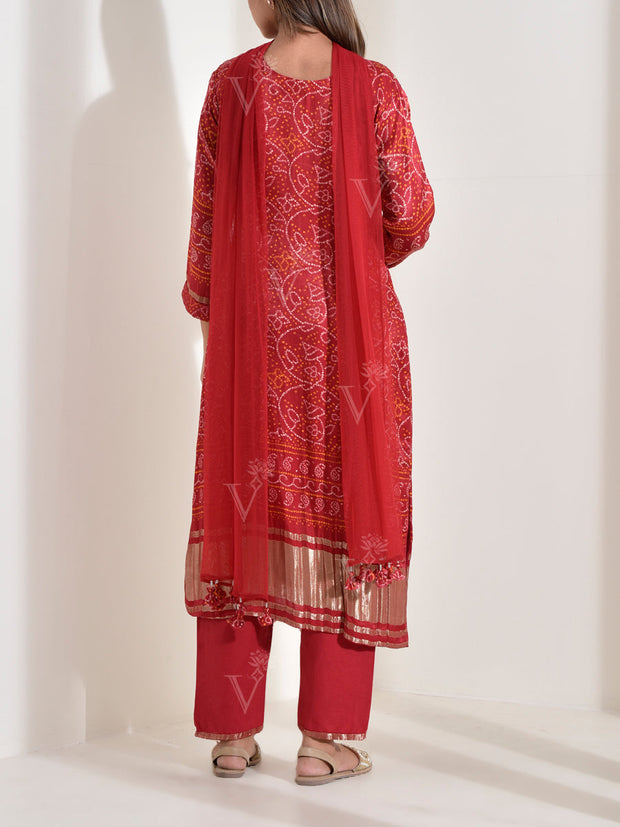 Red Embroidered Satin Bandhani Suit Set