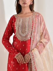 Red Embroidered Silk Suit Set