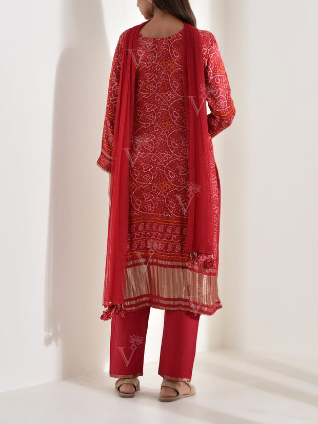 Red Embroidered Satin Bandhani Suit Set