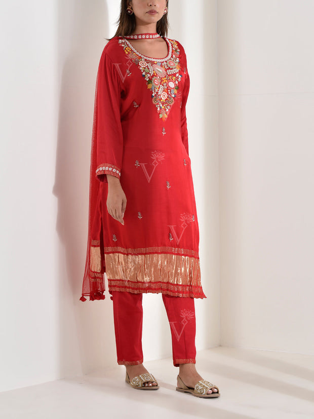 Red Satin Embroidered Suit Set