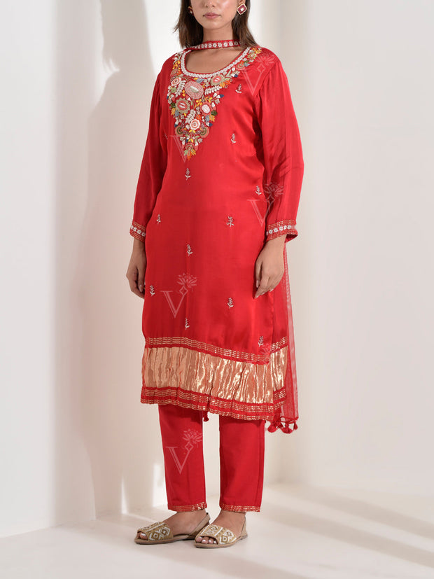 Red Satin Embroidered Suit Set