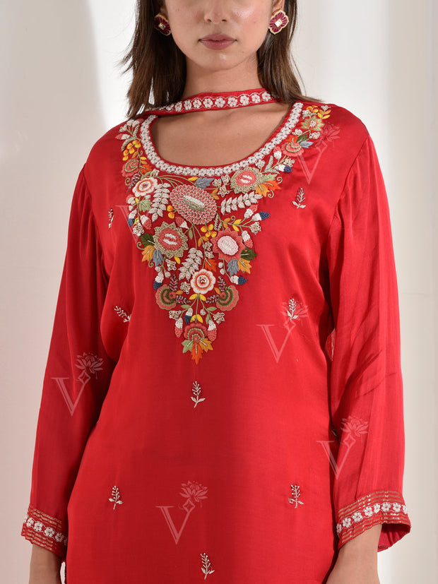 Red Satin Embroidered Suit Set