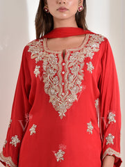 Red Satin Embroidered Suit Set