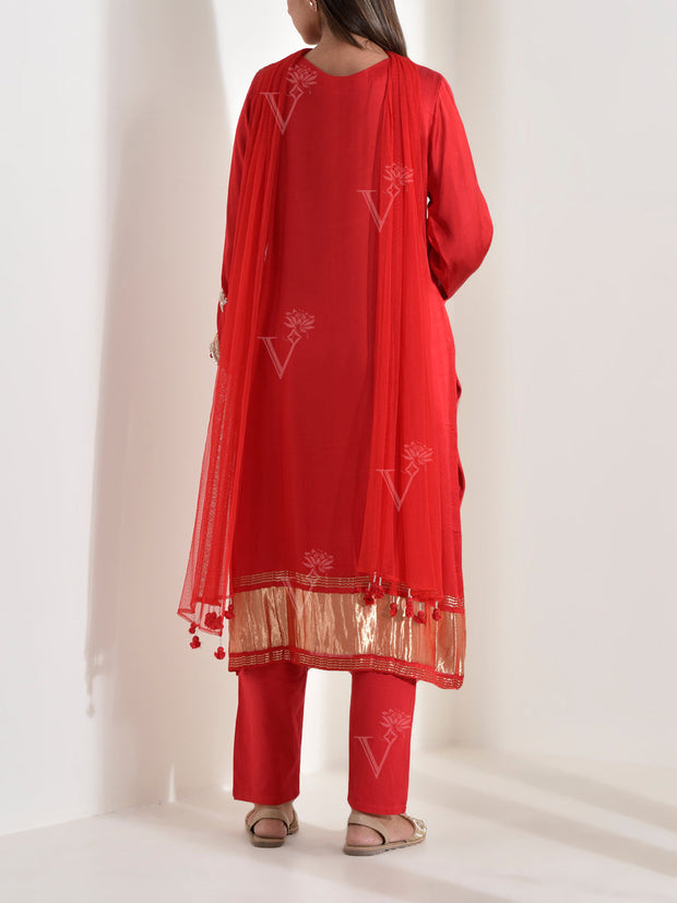 Red Satin Embroidered Suit Set