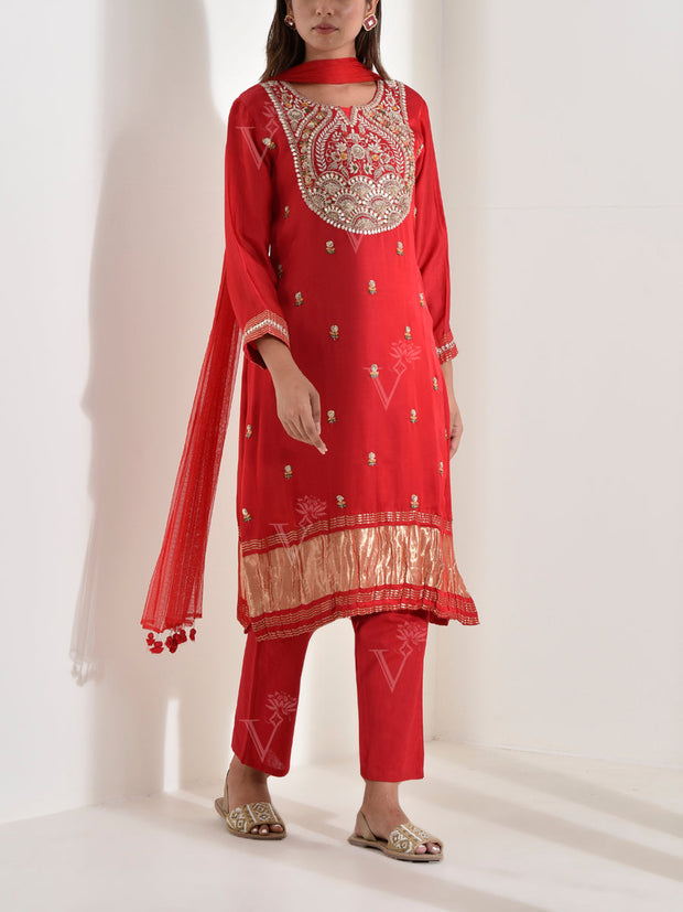 Red Satin Embroidered Suit Set