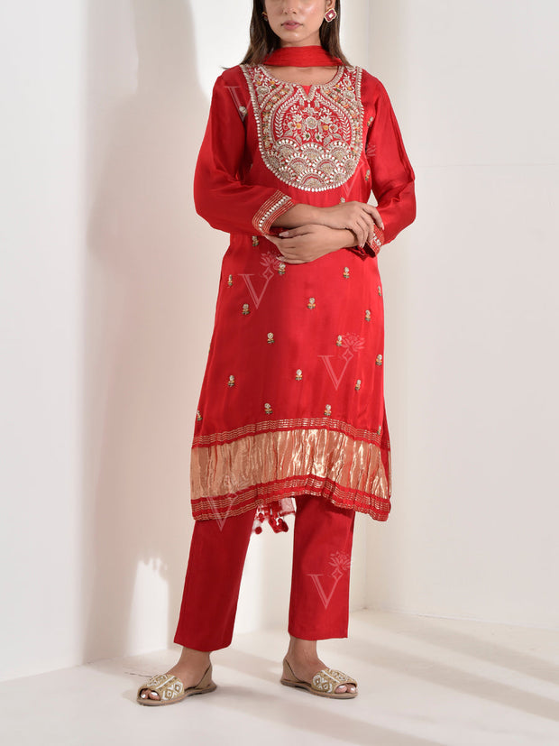 Red Satin Embroidered Suit Set